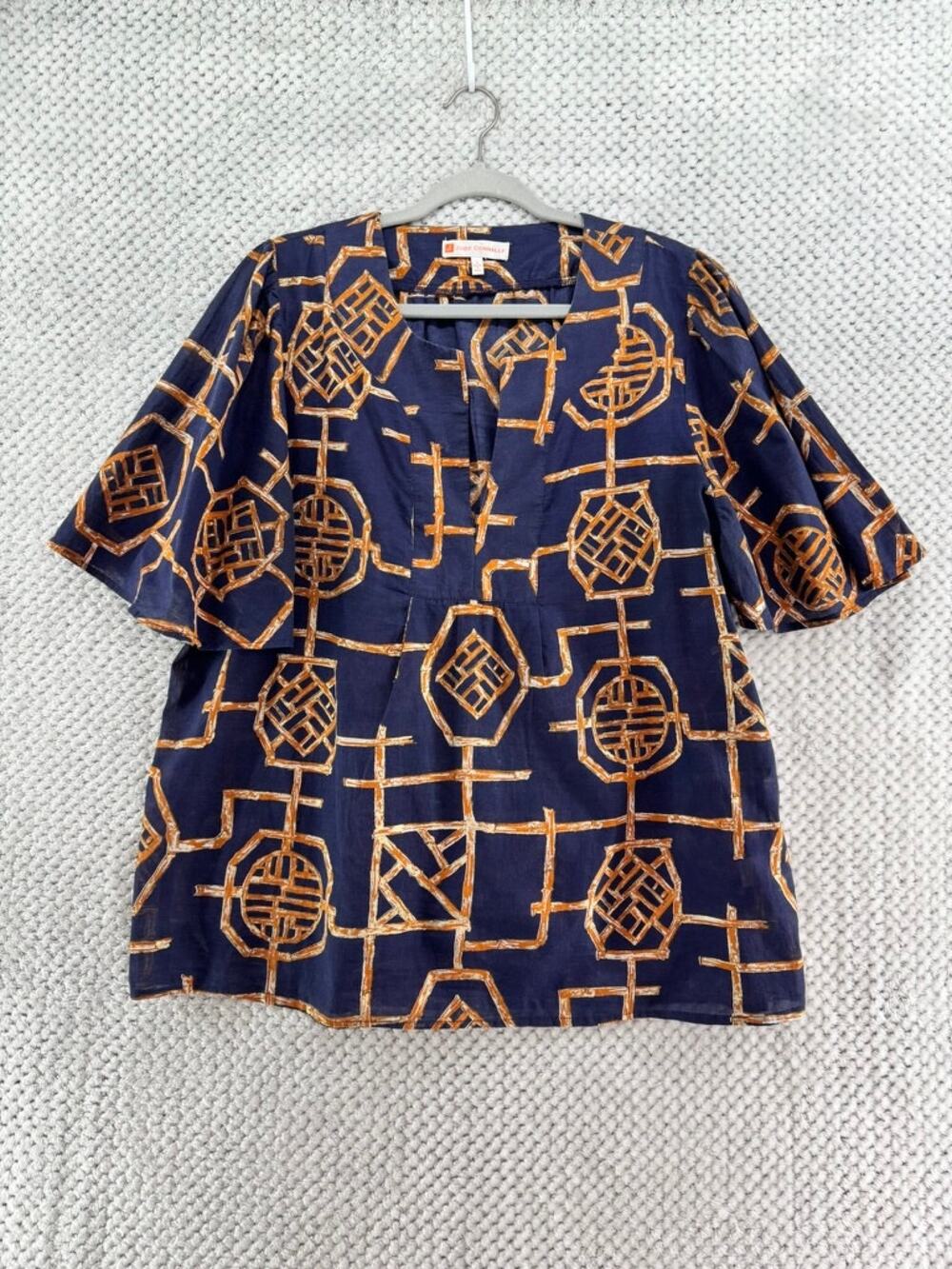Jude Connally Top Womens L Blue Orange Abstract Print Flutter Sleeve Preppy